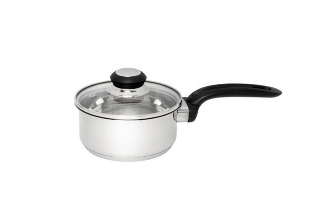 14cm stainless steel saucepan with ergonomic handle, glass lid, and even heat distribution for versatile cooking.