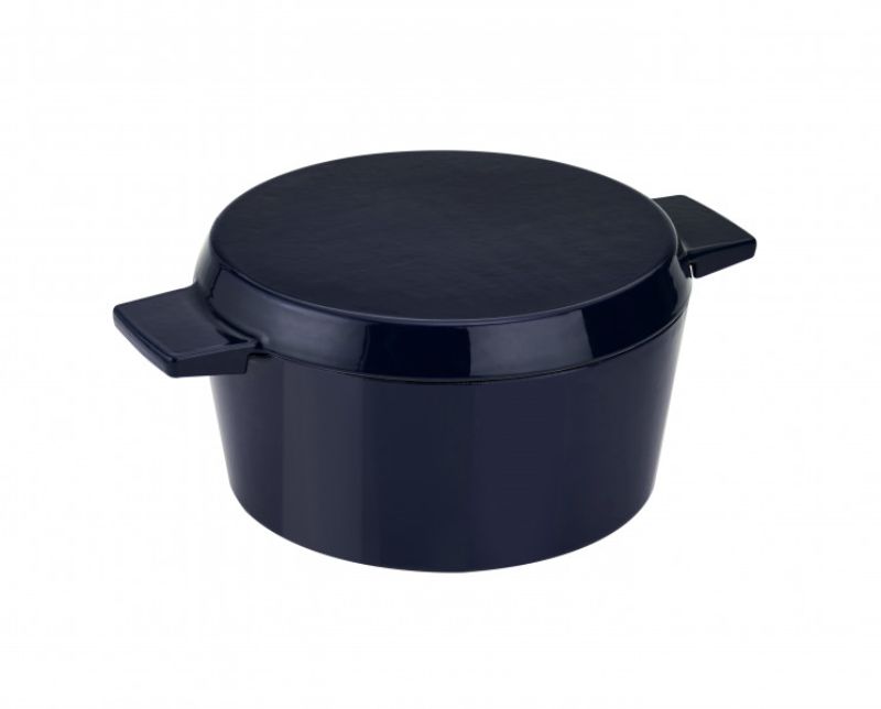 Mid blue cast iron French oven with dual-purpose grill lid, enamelled surface, and wide handles for easy portability.