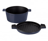 Mid blue cast iron French oven with a dual-purpose lid, enamelled surface, and wide handles for easy serving.