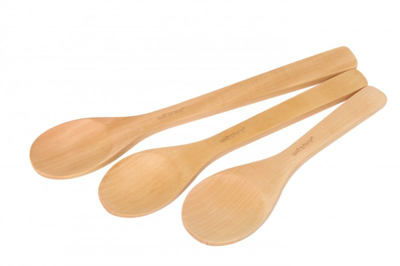 Set of three beechwood spoons (25cm, 30cm, 35cm) for mixing, stirring, and serving, ideal for non-stick cookware.