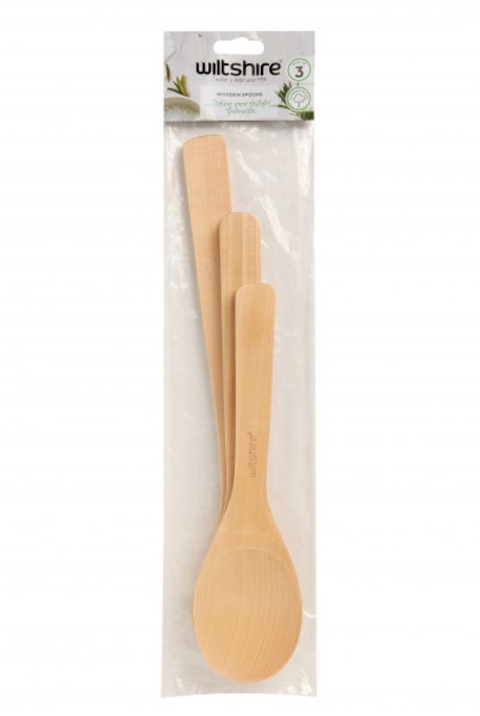 Set of three eco-friendly beechwood spoons in 25cm, 30cm, and 35cm, perfect for cooking and serving without scratching non-stick cookware.