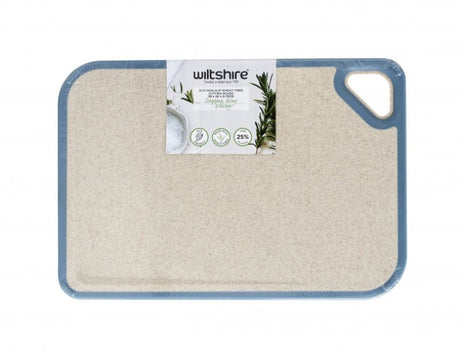 Compact eco-friendly chopping board featuring 25% wheat fibre, non-slip grip, and sloping surface for less mess.