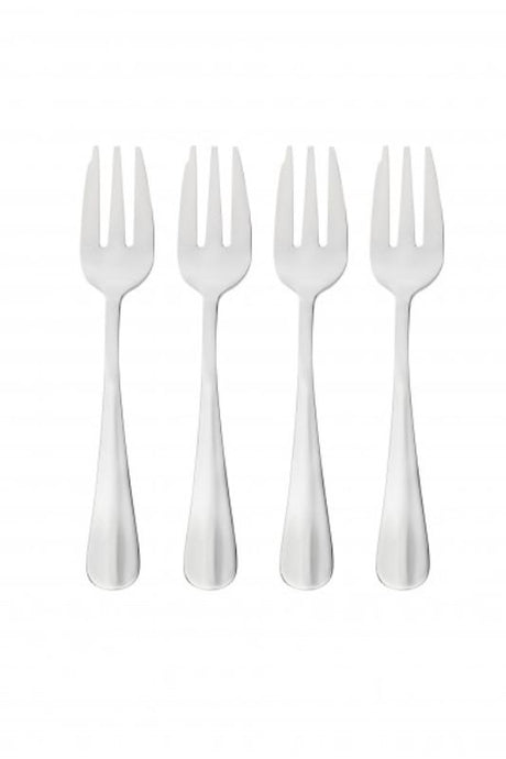 Stainless steel Wiltshire Baguette Cake Fork set, 4 pieces with mirror finish, ideal for elegant desserts and tea gatherings.