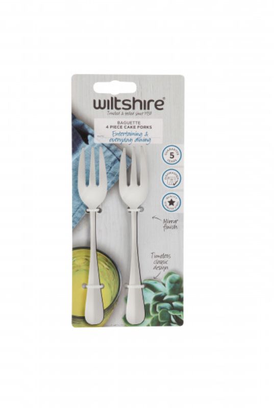 Elegant Wiltshire Baguette Cake Fork Set, stainless steel, mirror finish, perfect for desserts and afternoon tea, dishwasher safe.