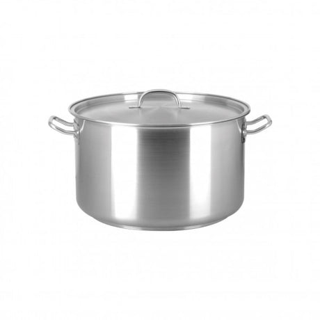 High-quality 22.0L stainless steel saucepot with lid, ergonomic handle, and dripless rim, perfect for large batch cooking.