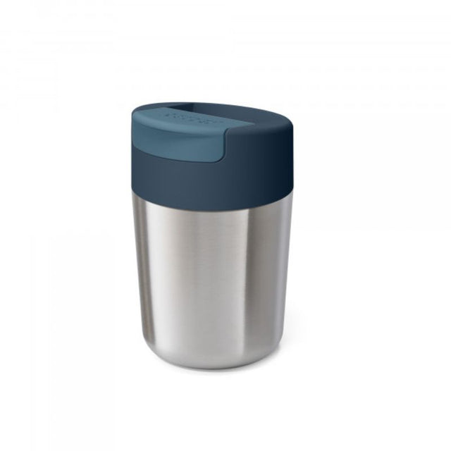 Sleek anthracite travel mug with double-wall insulation, leakproof lid, and hygienic flip-top cap, perfect for on-the-go beverages.