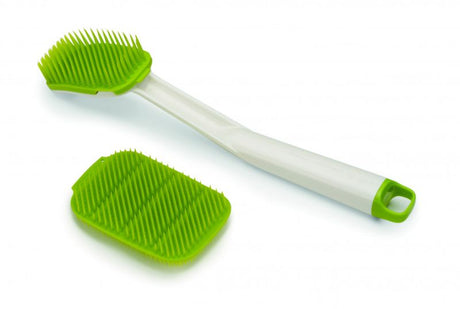 Joseph Joseph CleanTech Brush & Scrubber Set in White/Green, featuring quick-drying bristles and eco-friendly design.