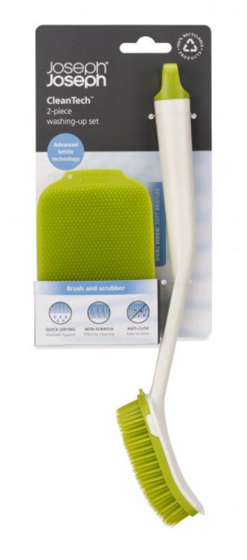 Joseph Joseph CleanTech Brush & Scrubber Set in white/green with quick-drying bristles for effective, hygienic dishwashing.