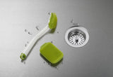 Joseph Joseph CleanTech Brush & Scrubber Set in White/Green, featuring quick-drying bristles for hygienic kitchen cleaning.