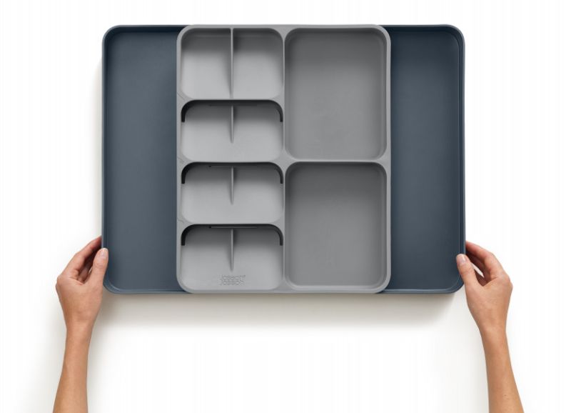 Joseph Joseph DrawerStore organizer featuring expandable sides and stacked compartments for efficient cutlery and gadget storage.