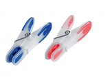 Pack of 25 Leifheit laundry pegs in red and blue, featuring extra soft grip for secure, wrinkle-free clothing care.