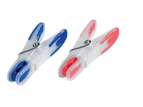 Pack of 25 Leifheit laundry pegs in red and blue, featuring extra soft grip for secure, wrinkle-free clothing care.