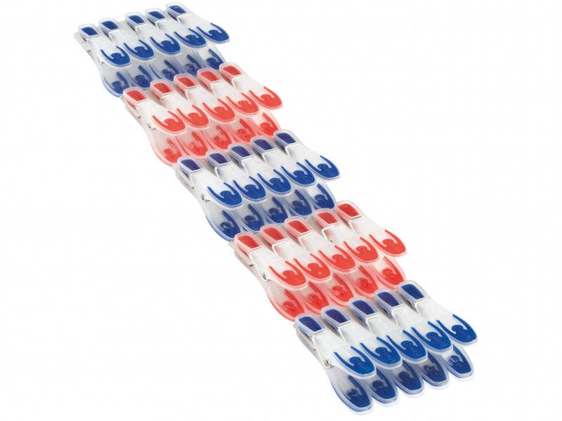 Pack of 25 Leifheit laundry pegs in red and blue, featuring extra soft grip for wrinkle-free drying of delicate and regular clothes.