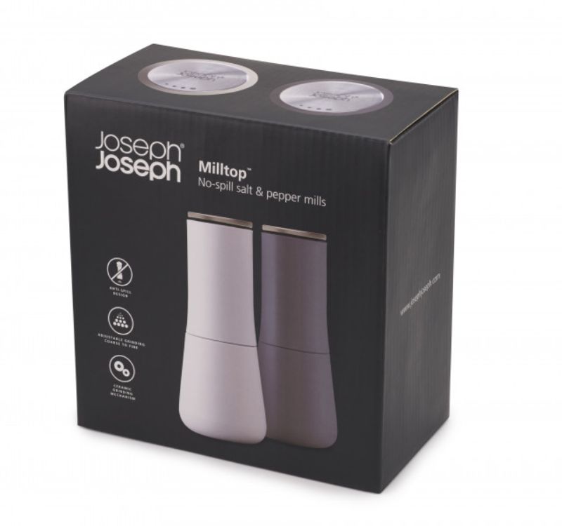 Elegant Joseph Joseph Milltop Salt and Pepper Set with inverted design, ceramic grinder, and adjustable coarseness for neat seasoning.