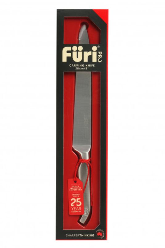 Furi Pro Carving Knife 20cm with ergonomic handle, high carbon stainless steel blade for precision slicing of meats.