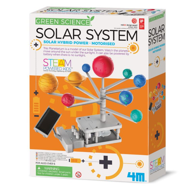 Interactive Hybrid Solar System model by 4M, showcasing planets orbiting the sun, powered by sunlight or batteries.