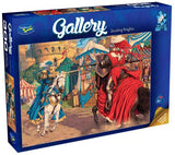 Holdson 300pc XL puzzle featuring vibrant jousting knights by Steve Read, perfect for ages 8+ and enhancing motor skills.