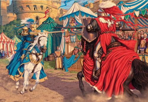 Extra-large 300-piece puzzle featuring vibrant jousting knights by artist Steve Read, perfect for ages 8 and up.