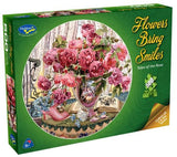 Circular 500-piece puzzle featuring vibrant watercolor flowers, designed by Adelene Fletcher, perfect for ages 8+.