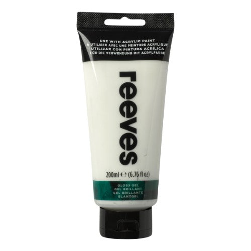 Tube of Reeves Gloss Gel Medium 200ml, ideal for enhancing acrylic paintings with depth, texture, and 3D effects.