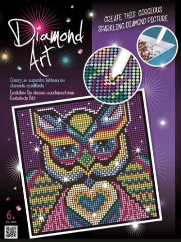 Diamond Art kit featuring a sparkling owl design with a heart, perfect for relaxation and creativity for ages 6 and up.