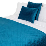 Luxurious teal velvet quilted coverlet, king single size, hypo-allergenic, eco-friendly, and machine washable for easy care.