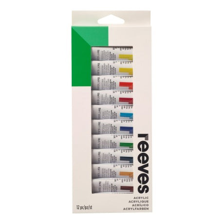 Vibrant Reeves Artists' Acrylic Colour Set with 12 x 10ml tubes, perfect for diverse artistic techniques and surfaces.