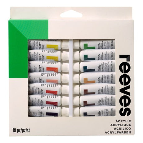 Vibrant 18 x 10ml tubes of Reeves Artists' Acrylic paint, perfect for diverse surfaces and artistic techniques.