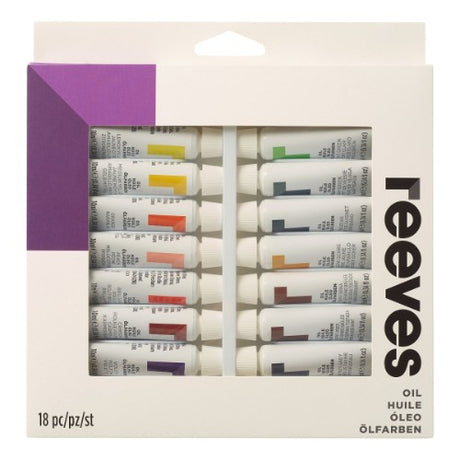 Vibrant Reeves Oil Colour Set featuring 18 x 10ml tubes, perfect for blending and various painting techniques.