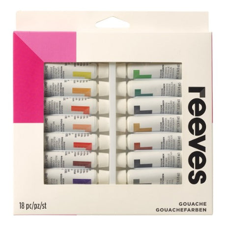 Reeves Gouache Colour Set featuring 18 vibrant 10ml tubes, ideal for artists and crafters for smooth, opaque painting.