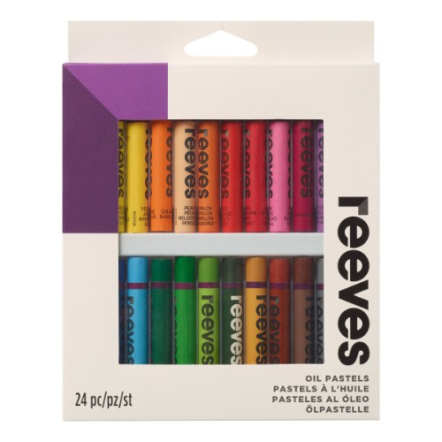 Set of 24 Reeves Oil Pastels featuring vibrant colors, easy blending, and suitable for various art surfaces.