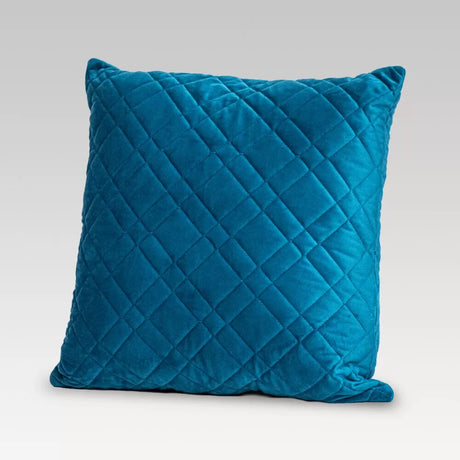 Teal quilted cushion cover made from luxurious velvet, featuring a zip enclosure and eco-friendly microfibre filling, 50 x 50 cm.