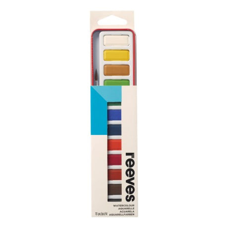 Vibrant Reeves Water Colour Set in 12 pan tin, includes a brush and colors for brilliant, translucent artwork on the go.