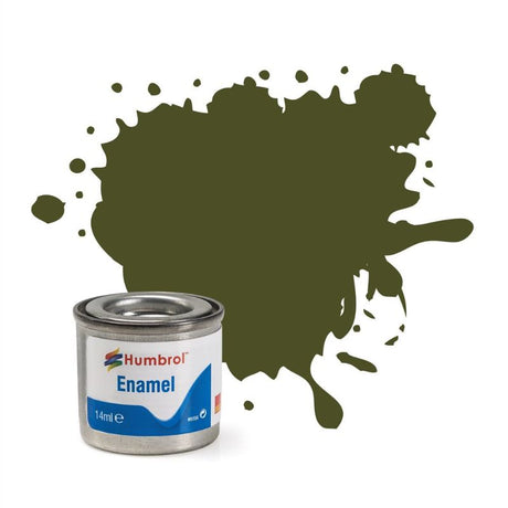 Humbrol Olive Drab Matt enamel paint in a 14ml tin, perfect for achieving a smooth finish on various surfaces.