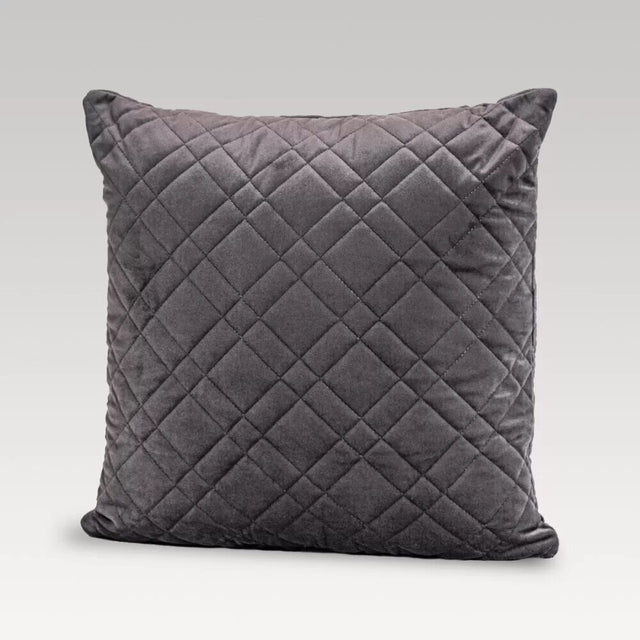 Quilted velvet cushion cover in pewter, featuring durable fabric, eco-friendly lining, and a zip enclosure for easy use.