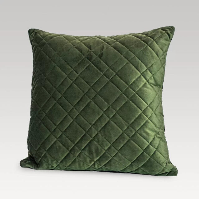 Quilted fern green velvet cushion cover, 50x50cm, with zip enclosure and sustainable microfiber filling, perfect for home decor.