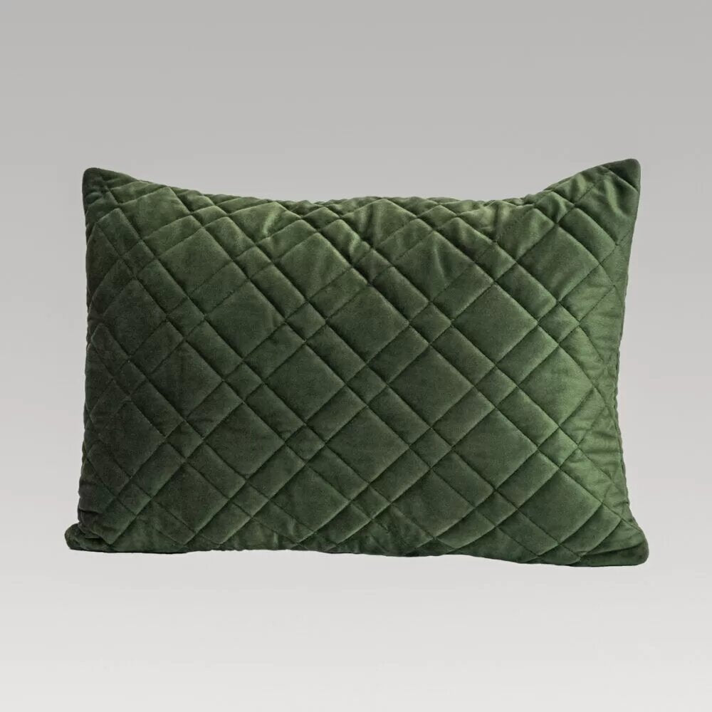 Quilted oblong cushion cover in fern green velvet, eco-friendly, 35x50cm with zip enclosure for easy care and elegance.