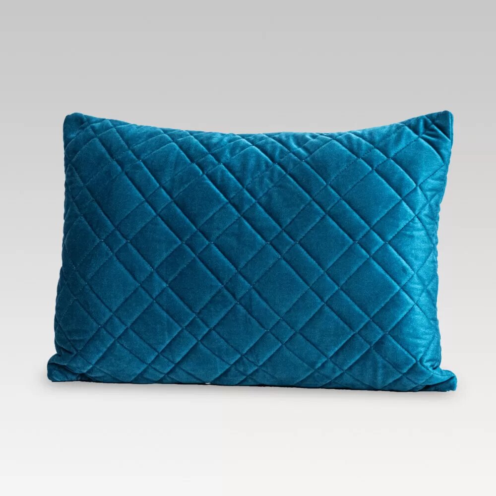 Oblong teal quilted cushion cover in luxe Holland Velvet, 35x50cm, features zip enclosure and recycled microfiber filling.