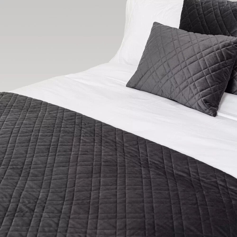 Luxurious pewter quilted coverlet in Holland Velvet, designed for King Single beds, perfect for stylish year-round comfort.