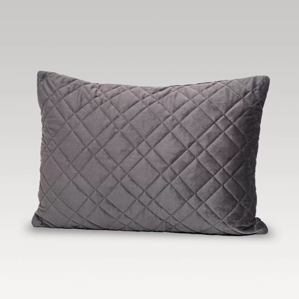 Quilted velvet cushion cover in pewter, 35x50cm, featuring a zip closure and sustainable microfibre filling for luxury and comfort.