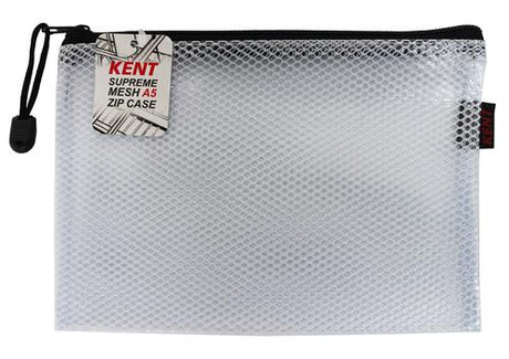 Durable A5+ mesh case made from reinforced honeycomb plastic with secure zipper for stylish document organization.