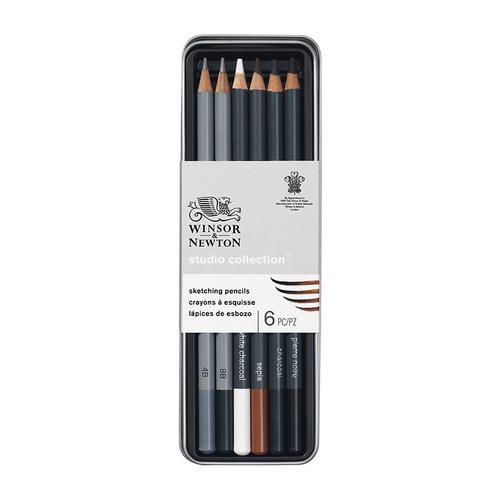 WINSOR & NEWTON sketching pencil tin featuring assorted charcoal and graphite pencils for versatile artistic creations.