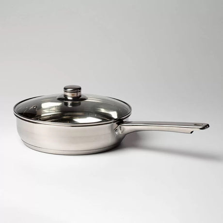 Stainless steel 24cm skillet fry pan with lid, perfect for searing and sautéing, compatible with induction stove tops.