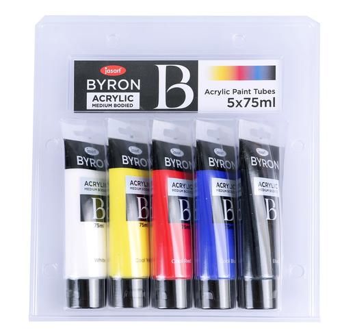 JASART BYRON acrylic paint set of 5 in vibrant primary colors, perfect for various surfaces and non-toxic for safe use.