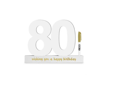 Elegant 80th birthday sign in white with a gold pen for guests to leave heartfelt messages and create cherished memories.