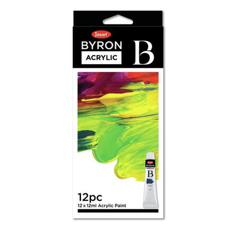 Vibrant JASART BYRON acrylic paint set with 12 rich 12ml tubes, perfect for artists seeking intensive color options.