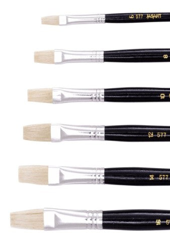 Jasart Hog Bristle Series 577 Flat Brush Size 8, featuring soft hog bristles, seamless ferrules, and a comfortable wooden handle.