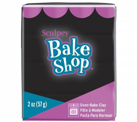 Black Sculpey Bake Shop clay in 57g package, ideal for versatile crafting, remains soft until baked, non-toxic for kids.