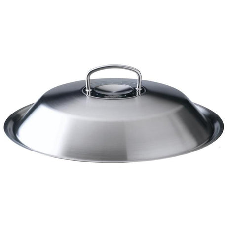 Fissler Original Profi Wok Lid 30cm in durable stainless steel enhances cooking by sealing in moisture and heat.