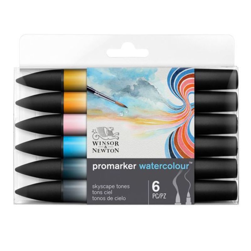 Winsor & Newton Promarker Watercolour Set of 6 featuring twin-tipped markers for precision and blending with vibrant, fade-resistant colors.